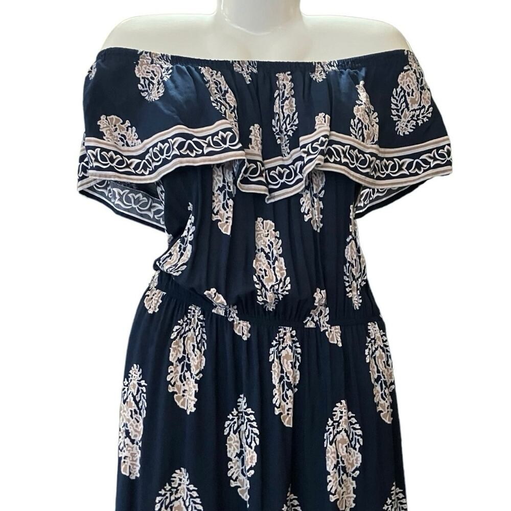 Kori America Women's Navy/Tan/White Floral Off-The-Shoulder Maxi Dress | Size L - Picture 7 of 12